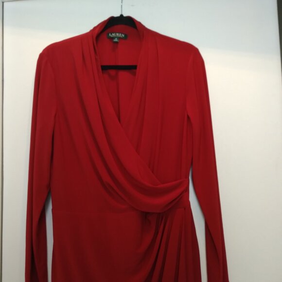 Ralph Lauren Red Surplice Neckline Draped Ruched Long Sleeved Stretch Dress Sz12 - Picture 2 of 14